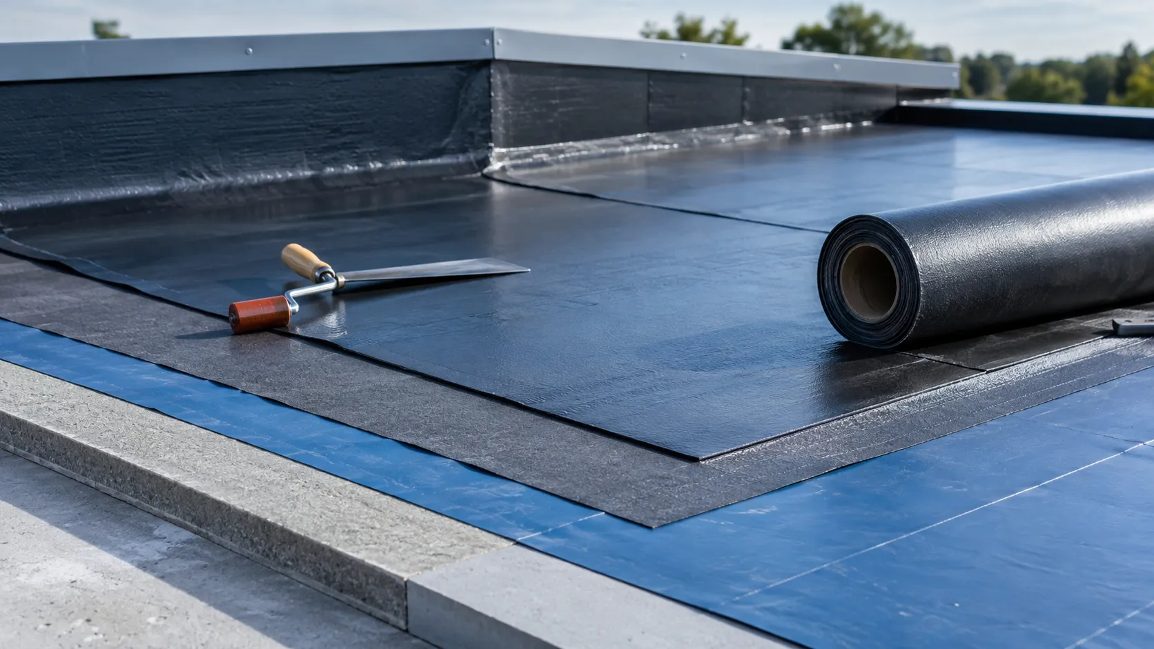 Pose d'une membrane d'étanchéité en rouleau sur une toiture-terrasse